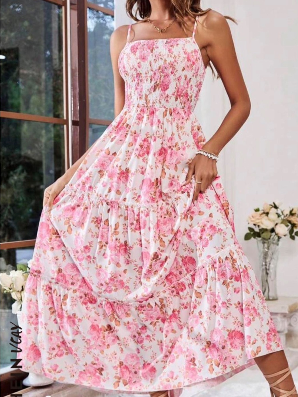 Floral Pink Tiered Sundress with Smocked Bodice - Picture 1 of 5